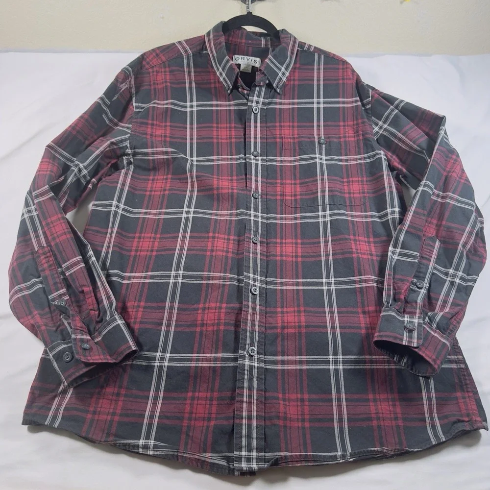 Orvis Shirt Men L Button Up Red Plaid Flannel 100 Cotton Heavyweight Outdoor